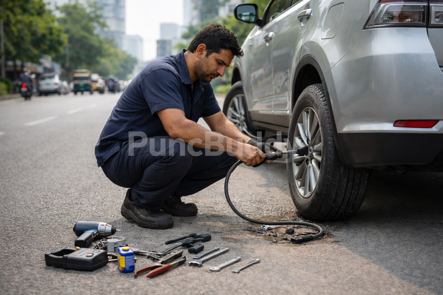 Technician fixing flat tyre on silver SUV in Bangalore
