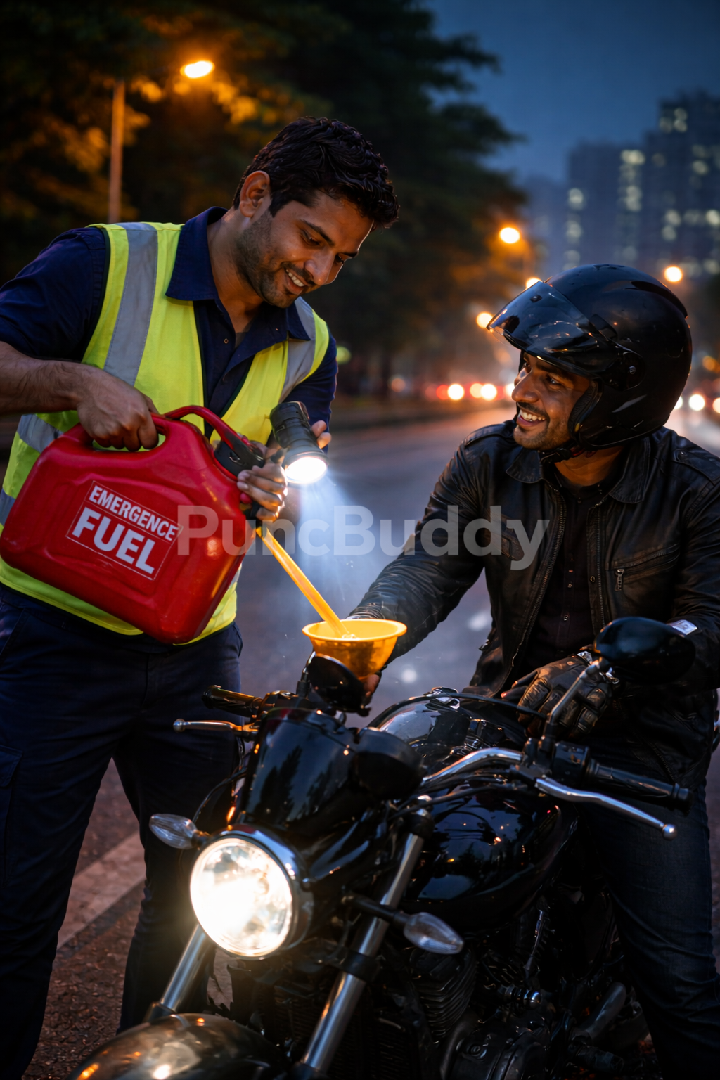 Technician delivering branded red petrol can to stranded biker