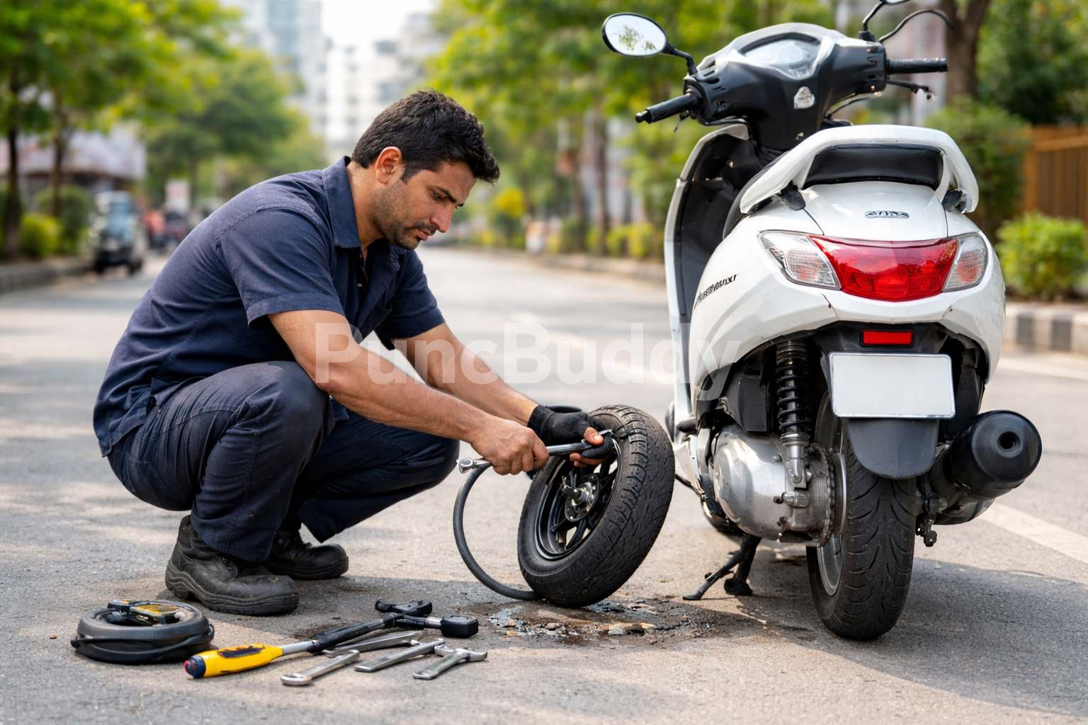 Technician fixing Activa or Ola S1 scooter tyre on urban street