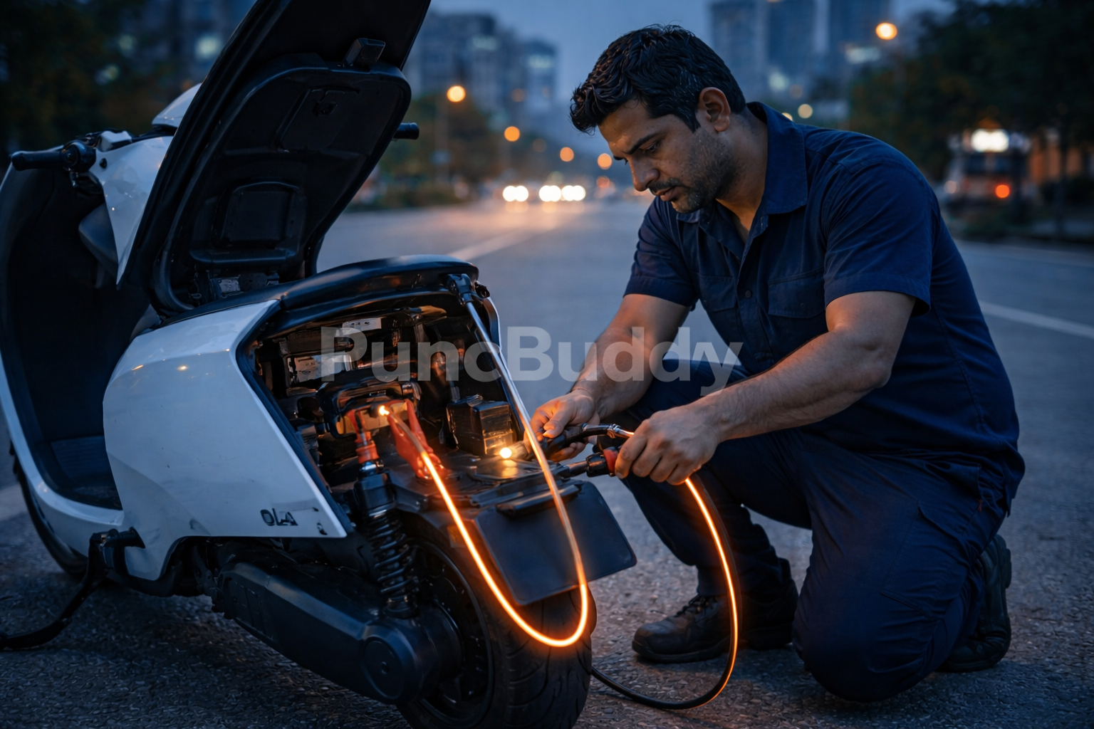 Technician jump starting dead Ola S1 or Ather electric scooter